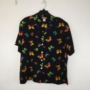 Notations Blouse Women 20W Black Butterfly Button-Up Short Sleeve Shoulder Pad